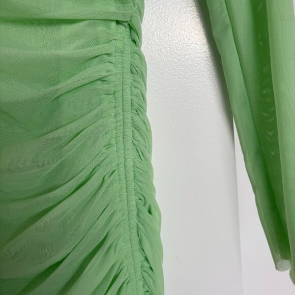 Self-Portrait Asymmetric Pencil Midi Dress Green Mesh Ruched Side Tie Mesh Long - Picture 7 of 11